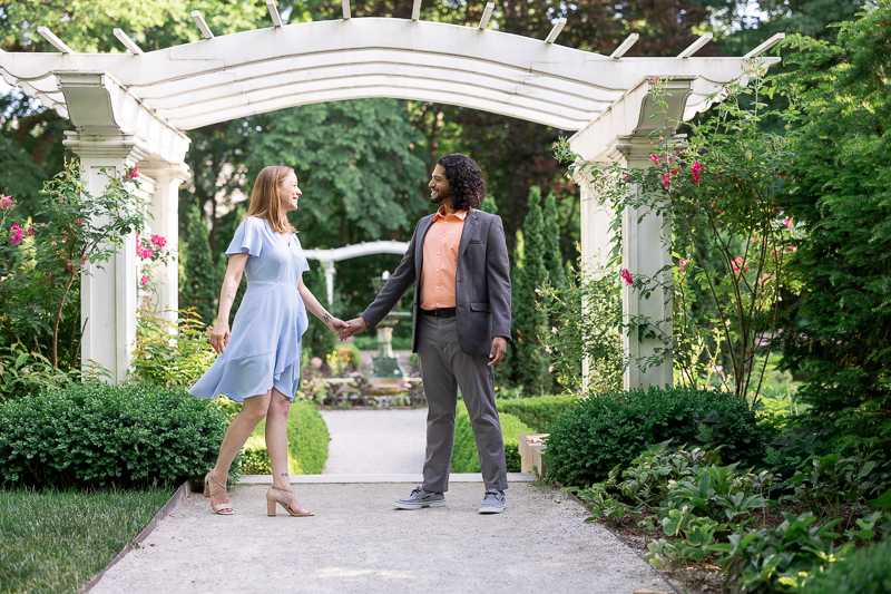 Newfields Engagement shoot dancing in the garden